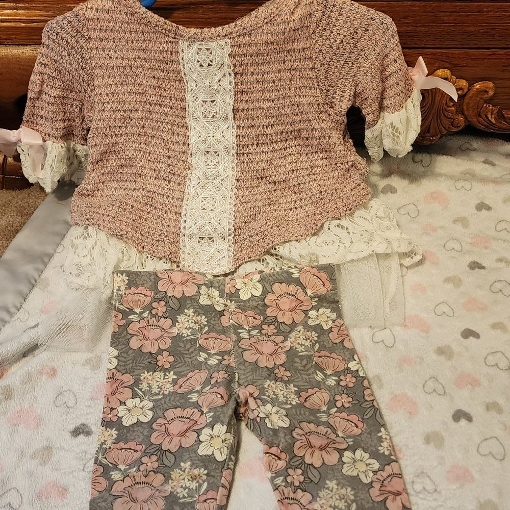 Rare Editions knitted shirt with lace and matching floral leggings